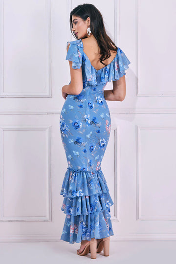 FLORAL PRINTED CHIFFON RUFFLE MAXI DRESS Goddiva